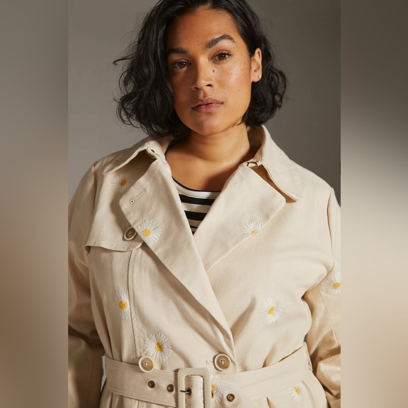 Anthropologie Maeve Embroidered Daisy Trench Coat Size 22 Cotton Hemp - Picture 3 of 16